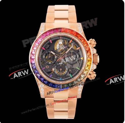 Rolex Daytona Rainbow Bezel Skeleton Dial Rose Gold Super Clone 4130 Watch